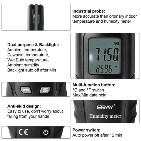 Two In One Digital Psychrometer Thermometer Hygrometer With Backlight For Humidity Temperature Wet Bulb And Dew Point Monitoring Real Time Air Moisture Reader black handheld probe and LCD display