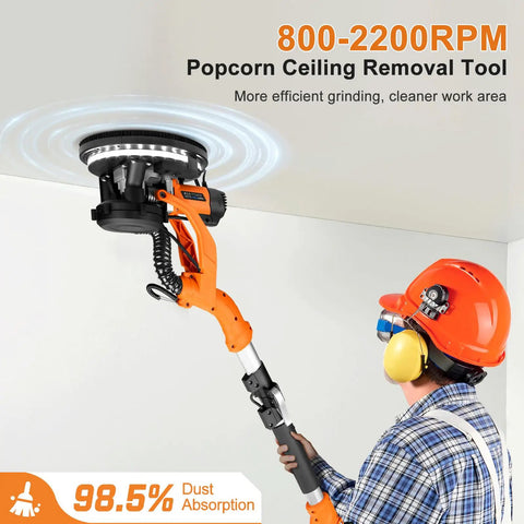 Beast 1000W Drywall Sander With Vacuum Dust Collection And LED Light Popcorn Ceiling Removal Tool in use for ceiling sanding