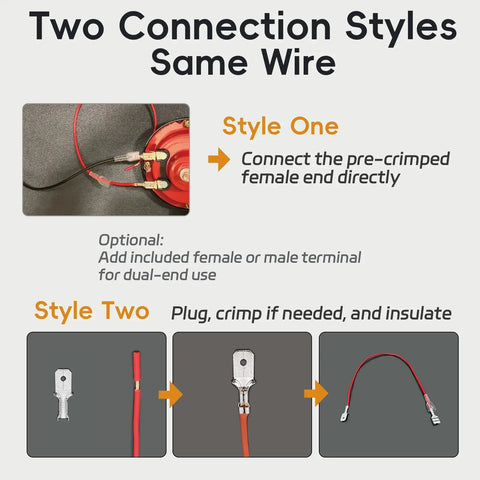 Top Notch 18Awg Speaker Wire Connectors Kit Loaded With 6.3Mm Pre Crimped Female Spade Terminals showing connection styles for audio wiring.