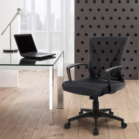 Ergonomic Mesh Office Chair With Dual Lumbar Support, Mid Back, Swivel Desk Chair With Armrests, Black Finish, in modern office setting