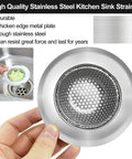 Hand holding stainless steel kitchen sink strainer illustrating durability and material details.