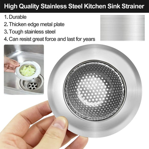 Hand holding stainless steel kitchen sink strainer illustrating durability and material details.
