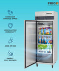 Top Shelf 23 Cubic Foot Reach In Freezer With Single Solid Door And Brushed Stainless Steel Finish designed for serious commercial kitchens showcasing adjustable shelves with frozen food.