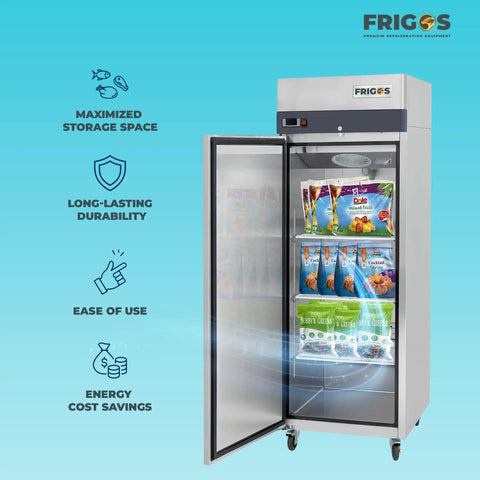 Top Shelf 23 Cubic Foot Reach In Freezer With Single Solid Door And Brushed Stainless Steel Finish designed for serious commercial kitchens showcasing adjustable shelves with frozen food.