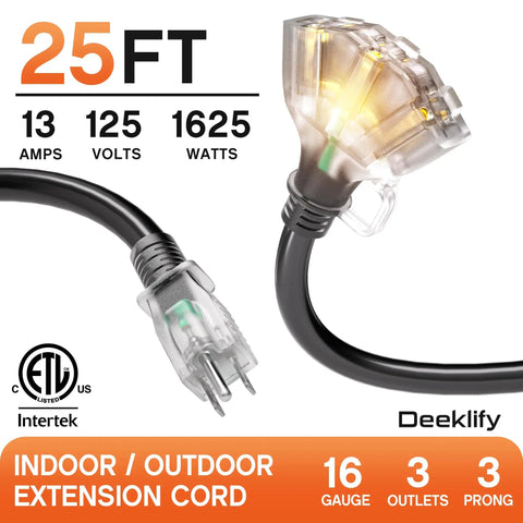 Three Outlet Outdoor Extension Cord 25 Ft 16 AWG 3 Conductor With Indicator Light Hook Design Waterproof SJTW ETL Listed 13A 125V 1625W