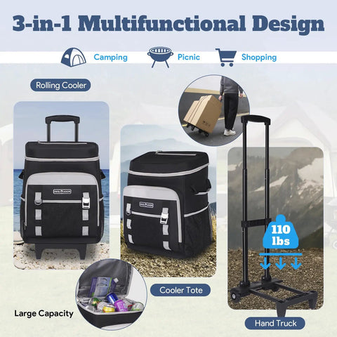 Image showcasing Rolling Cooler With Wheels And Handle 50L Insulated Cooler Bag Holds 80 Cans Portable 2 In 1 Collapsible Trolley Cart.