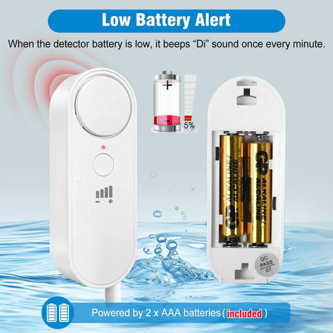 Water Level Alarm Sensor For Basements With 100 dB Sump Pump Alarm And 78 Inch Detector Cable showing low battery alert and included AAA batteries.