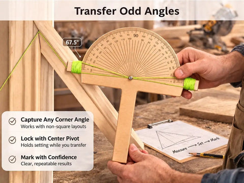 Heavy Duty Angle Finder Ruler And Protractor Tool For No Sweat Woodworking Layouts With Crisp Degree Markings And Secure Pivot Lock For Sweet Cuts On Lumber Or Trim used to measure a 67.5-degree angle.