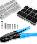 All In One Wiring Repair Kit With 380 Pcs Non Insulated Butt Connectors And 400 Pcs Heat Shrink Tubing Include Durable Crimping Tool For 26 To 6 Gauge Wiring Adhesive Lined 3 To 1 Ratio For Auto Boat And Home Projects with connectors, tubing, and crimping tool visible