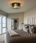 Bedroom with Industrial Black Flush Mount Ceiling Light 2 Light Farmhouse Fixture With Metal Cage Shade above bed