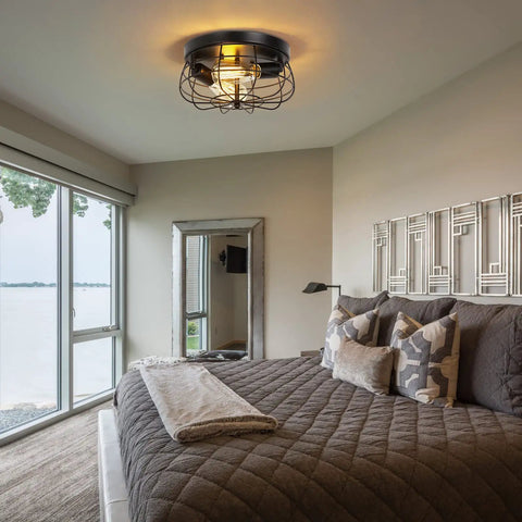 Bedroom with Industrial Black Flush Mount Ceiling Light 2 Light Farmhouse Fixture With Metal Cage Shade above bed