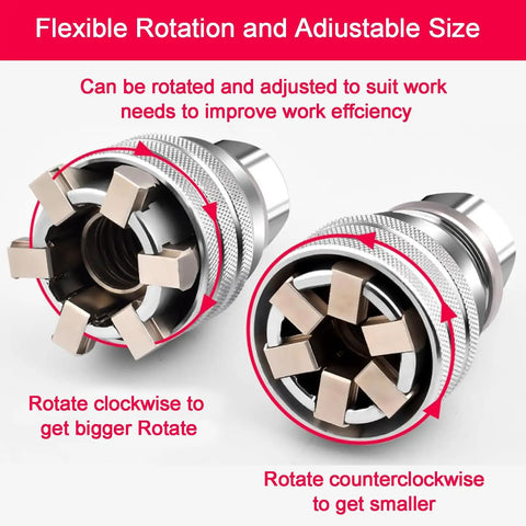 Adjustable Universal Socket Wrench Tool Set for 10mm to 19mm nuts, showing rotation arrows for size adjustment.