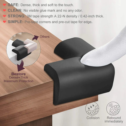 Worry Free Baby Proofing Corner Guards And 20.5 FT Furniture Bumper Strips With Squishy Foam Padding cushioning sharp furniture edges.