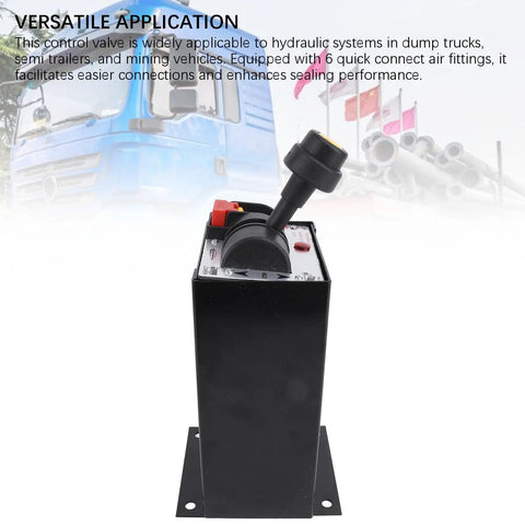 Dump Truck PTO Control Valve Kit With 6 Hole 4 Gear Setup next to truck and metal pipes, showcasing installation versatility.