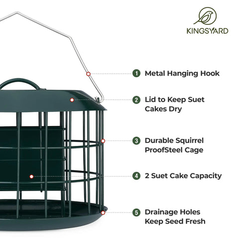 Squirrel Proof Suet Feeder For Outdoors Hanging All Metal Cage Bird Feeder With Double Suet Cake Capacity Tray And Weatherproof Green Finish
