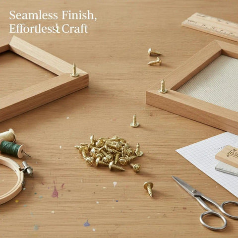 Gold Self Tapping Wood Screws With Integrated Washers on wood surface with DIY tools and picture frames in background.