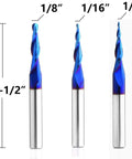 Three Pack Tapered Ball Nose Router Bits One Eighth One Sixteenth One Thirty Second Inch Cutting Diameter One Quarter Inch Shank Sweet Nano Blue Coated Up Cut Solid Carbide CNC Bits For 2D And 3D Carving Two And A Half Inch Overall Length