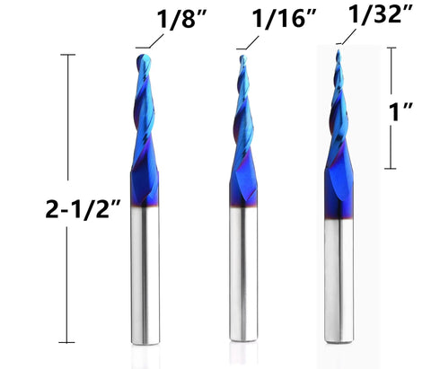 Three Pack Tapered Ball Nose Router Bits One Eighth One Sixteenth One Thirty Second Inch Cutting Diameter One Quarter Inch Shank Sweet Nano Blue Coated Up Cut Solid Carbide CNC Bits For 2D And 3D Carving Two And A Half Inch Overall Length