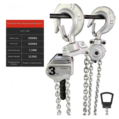 Heavy Duty Mini Hand Chain Hoist Lifting Tool Aluminum Alloy Wrench Hoist 0.75 Ton with chain and hooks in close-up view.