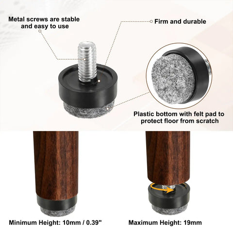 Close-up of 12 Pack Black Adjustable Furniture Levelers M6 Screw In Pads With Felt Base, showing adjustable height and felt protection.