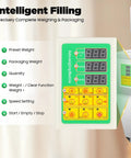 Intelligent filling screen showing weight settings for Heavy Duty Automatic Grain Dispenser That Delivers Bullseye Precision On The Fly And Turns Bulky Packing For Powders Beans Into An Absolute Breeze With Zero Hassle Scaling.