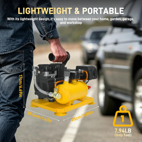 Lightweight Hassle Free Cordless Air Compressor Pump Throwing Down A Solid 116 Psi, Silent Operation At Sixty Five Decibels, easy to carry.
