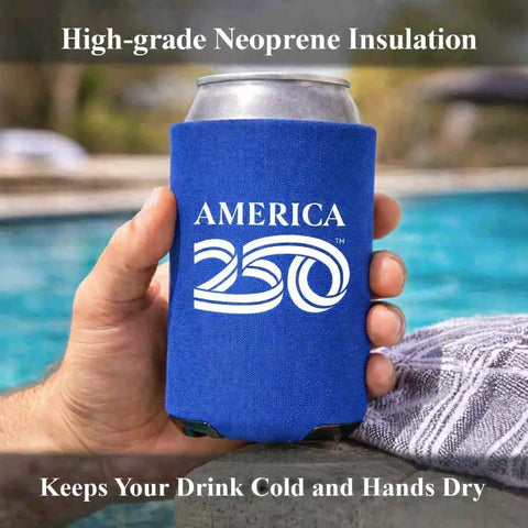 Person holding America 250th Celebration Beverage Cooler Set Of 2 Navy Insulated Drinkware next to a pool, neoprene cover on soda can.