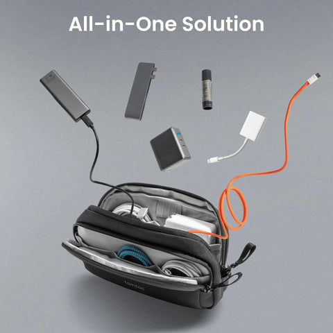 Open Water Resistant Dual Compartment Tech Pouch For Cables And Gadgets Grab And Go Cable Organizer Bag showing contents