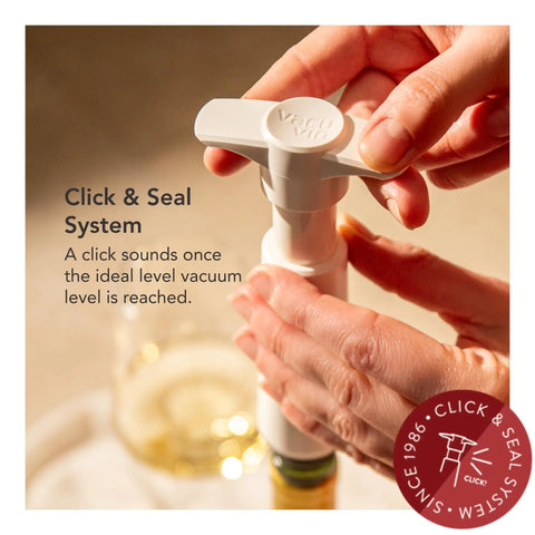 Hands using Original Saver Wine Bottle Stopper Set With Pump and 2 Vacuum Stoppers Keeps Red and White Wine Fresh Up To 10 Days