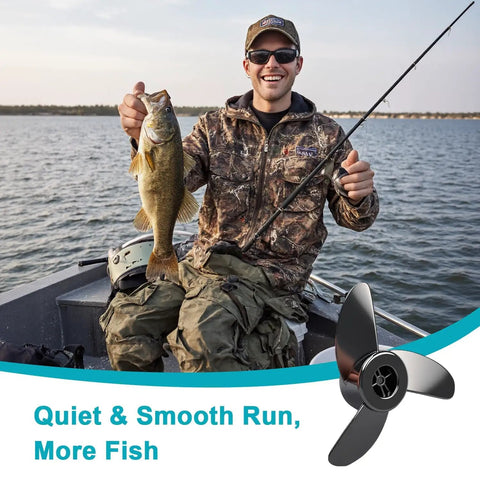 Angler holding fish with 3 Blade Trolling Motor Propeller For Motorguide Machete III Compatible shown, ideal for smooth steering