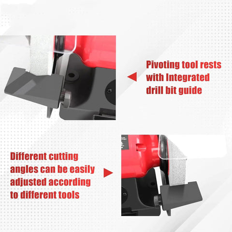 Close-up of Built Tough Five Inch Bench Grinder offering variable speed control with pivoting tool rests and adjustable drill bit guide.