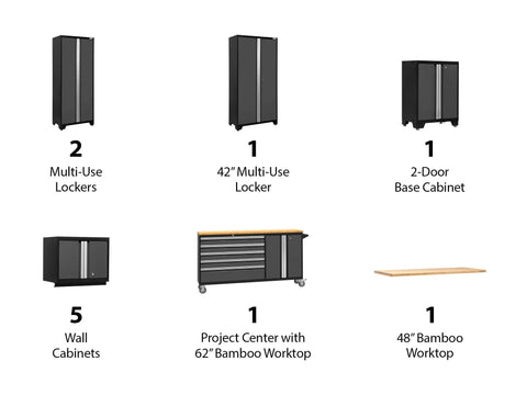 Gray 11 Piece Garage Storage Cabinet Set With 24 Gauge Fully Welded Steel Construction Tough As Nails Heavy Duty Design featuring lockers and bamboo worktops.