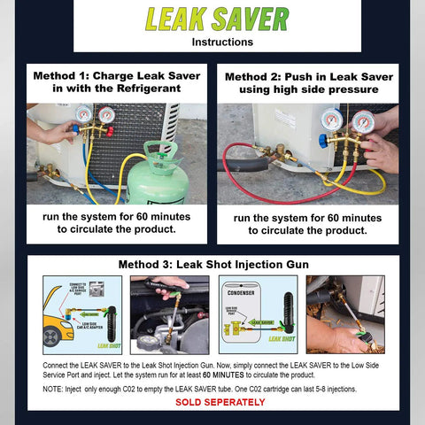Leak Saver Direct Inject UV refrigerant leak sealer infographic showing three installation methods.