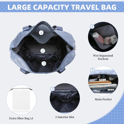 Blue rolling duffle bag with wheels; expandable carry-on luggage, main compartment, slots, wet pockets, shoe bag
