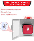 Legit AED Defibrillator Wall Mount Cabinet With Heavy Duty Steel Body And Snappy Alarm Lock For Darn Quick Public Or Home Emergency Grab In Sharp White Enclosure, showing alarm feature and red defibrillator case.