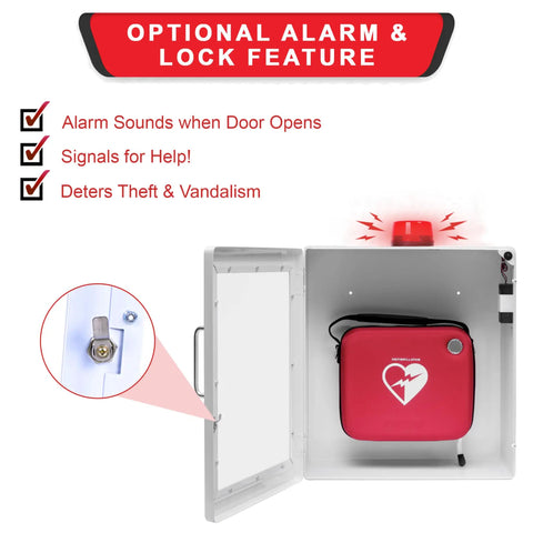 Legit AED Defibrillator Wall Mount Cabinet With Heavy Duty Steel Body And Snappy Alarm Lock For Darn Quick Public Or Home Emergency Grab In Sharp White Enclosure, showing alarm feature and red defibrillator case.