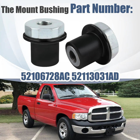 Dodge Ram 1500 Steering Rack And Pinion Mount Bushing Set 4 Pack Direct Fit Replacement For 2002 To 2012 Keeps Your Steering Tight And Quiet 52106728AC 52113031AD shown with truck in background