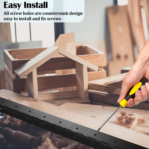 Heavy Duty 36 Inch Piano Hinges 0.047 Inch Thick Stainless Steel Black 2 Pack installed on wooden frame with screwdriver
