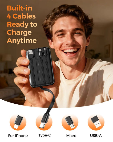 Pocket Sized 10000 Mah Portable Charger With Four Built In Cables Ultra Slim Power Bank for iPhone and Android, held by a smiling man.