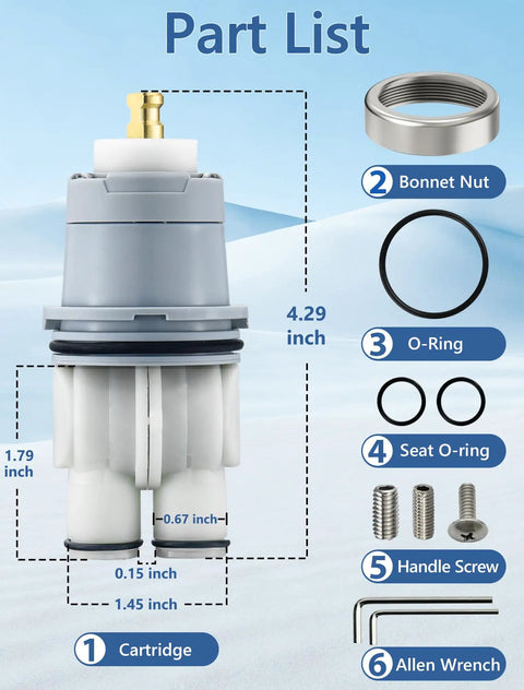 Delta Compatible Shower Cartridge Replacement For RP46074 showing dimensions and parts list for DIY faucet repair.