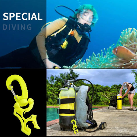 Two Pack Scuba Hose Clips For Dope Dive Gear with dual hose holder and 360-degree rotating snap hooks in use during diving and on gear