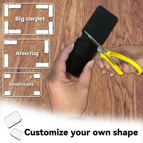 Person cutting non slip rug tape for hardwood floors and tile double sided adhesive that keeps corners flat, customizable shape