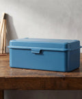 Heavy Duty Vintage Iron Tool Box For Home Garage Workshop, blue metal storage case on wooden table.