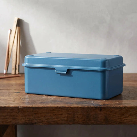 Heavy Duty Vintage Iron Tool Box For Home Garage Workshop, blue metal storage case on wooden table.