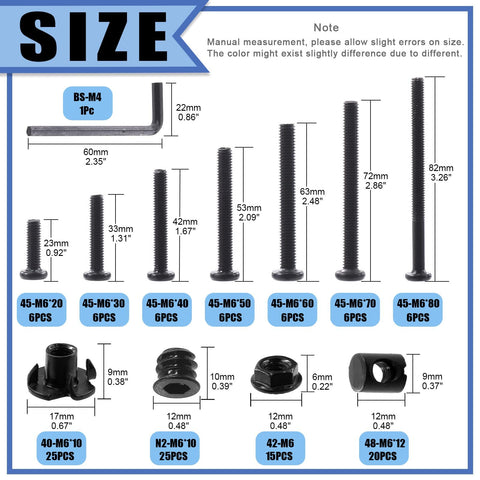 M6 Hardware Kit With 42 Hex Socket Bolts Across Seven Lengths From 20mm To 80mm, 20 Barrel Nuts, 25 Insert Nuts, Allen Key Sizing Chart