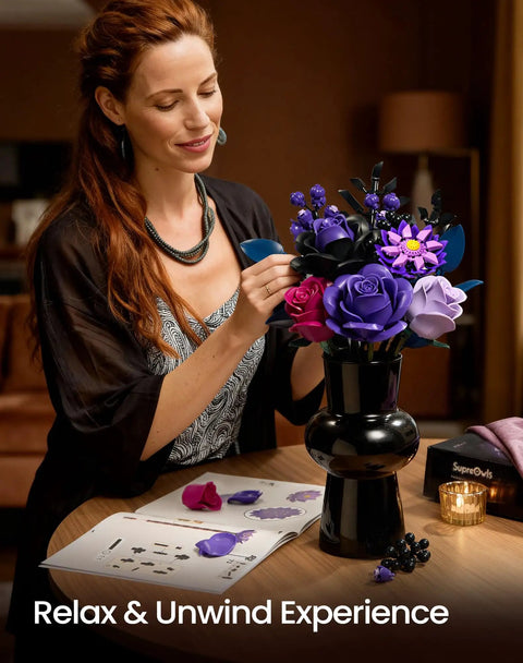 Woman assembling Purple Rose Bouquet Building Kit For Adults And Women, Lifelike 12 Piece Floral Set in black vase