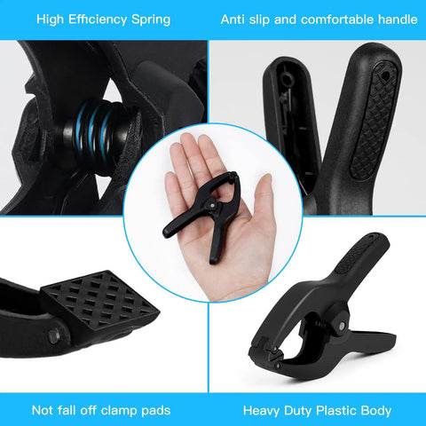 3.5 Inch Small Spring Clamps 30 Pack Plastic Mini Clips showing features like rotating grip and heavy duty plastic body