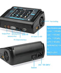 Touch Screen Dual RC Battery Charger And Discharger 150W 10A with input ports, balance port, and cooling fan visible.
