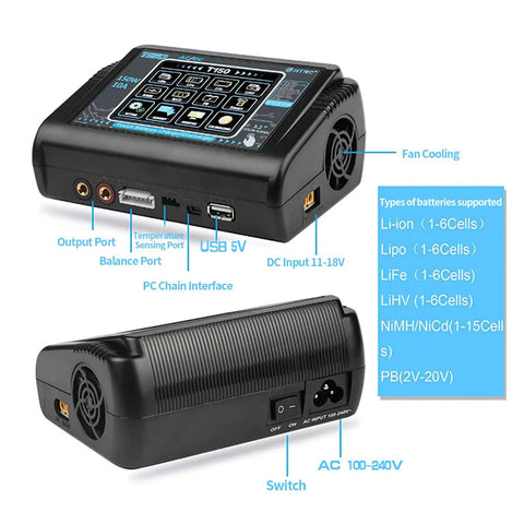 Touch Screen Dual RC Battery Charger And Discharger 150W 10A with input ports, balance port, and cooling fan visible.