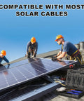Workers using Must Have All In One Solar Crimping Kit With 30 Pairs MC4 Connectors for solar panel installation on roof.